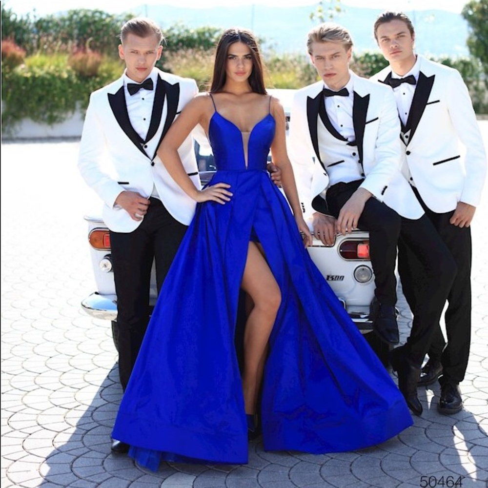 Blue plunge prom dress fitted with split skirt 2